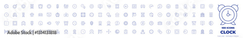 100 Clock Icons Collection. Thin line icon. Editable stroke. stopwatch, shelf life, wall clock, clock, alarm clock, table clock, timing, time, long term, hours
