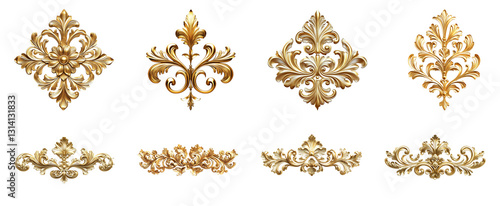 Golden decorative element 3D Set on White transparent Background