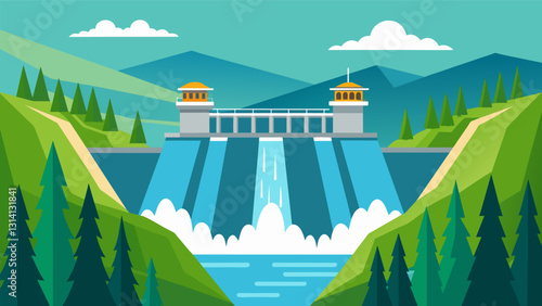 Against the green backdrop of a forest the imposing structure of a hydroelectric dam stands tall harnessing the power of the river.. Vector illustration