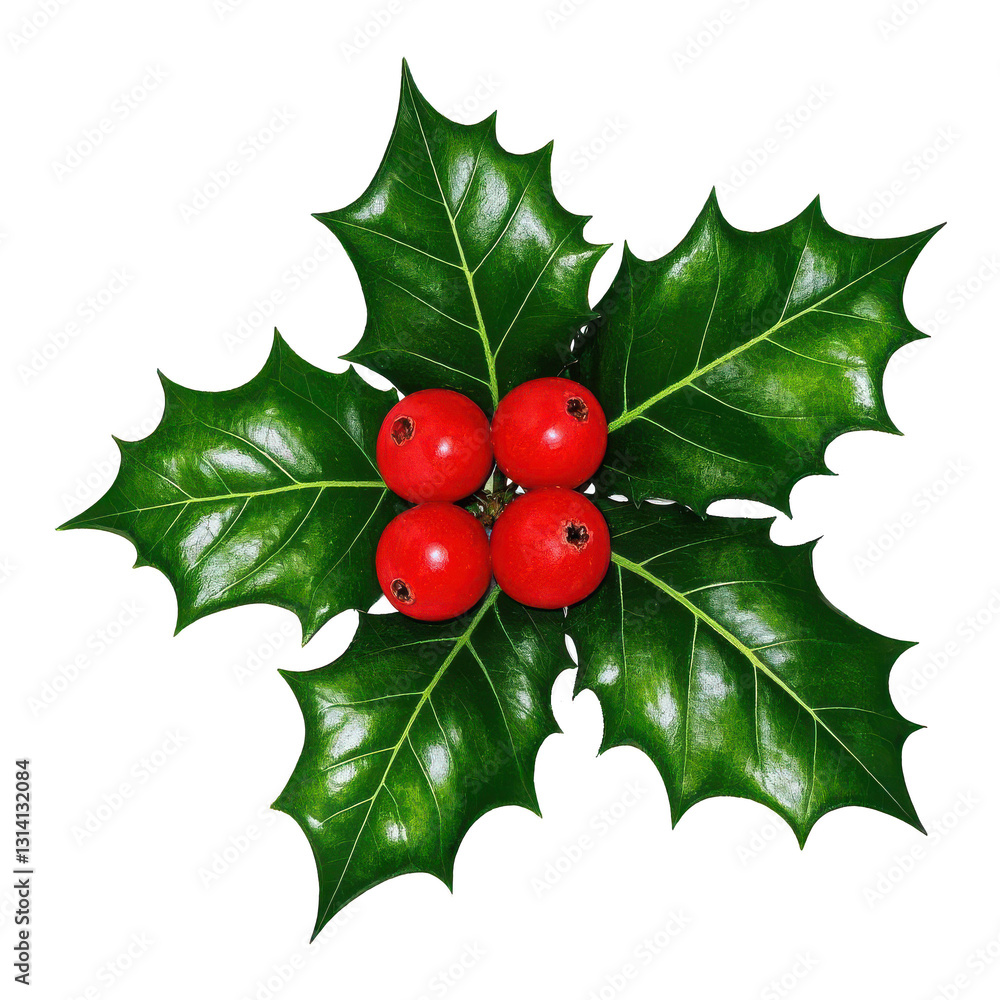 holly leaves, bright red berries, festive Christmas decoration, glossy green foliage, sharp leaf edge on transparent background holly leaves, bright red berries, festive Christmas decoration, glossy green foliage, sharp leaf edge on transparent background