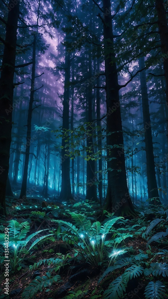 Fototapeta premium Dark, Mystical Forest Interior Illuminated by Vibrant Blue and Purple Light with Ferns and Tall Pine Trees, Vertical Fantasy Scene, 4k