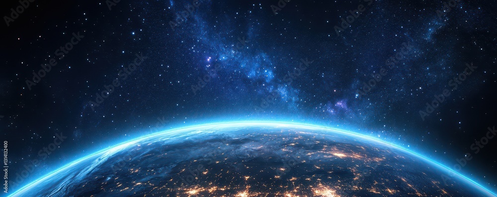 Obraz premium A captivating aerial view of Earth, showcasing vibrant blue oceans and lush green landmasses, illuminated by a radiant glow of light that enhances its beauty and wonder.