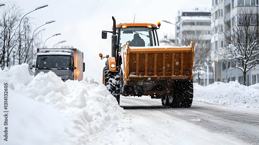 An Orange Tractor Plowing Snow on a City Street During a Heavy Snowfall With a White Van in the Background in Snowy Winter Weather An Orange Tractor Plowing Snow on a City Street During a Heavy Snowfall With a White Van in the Background in Snowy Winter Weather