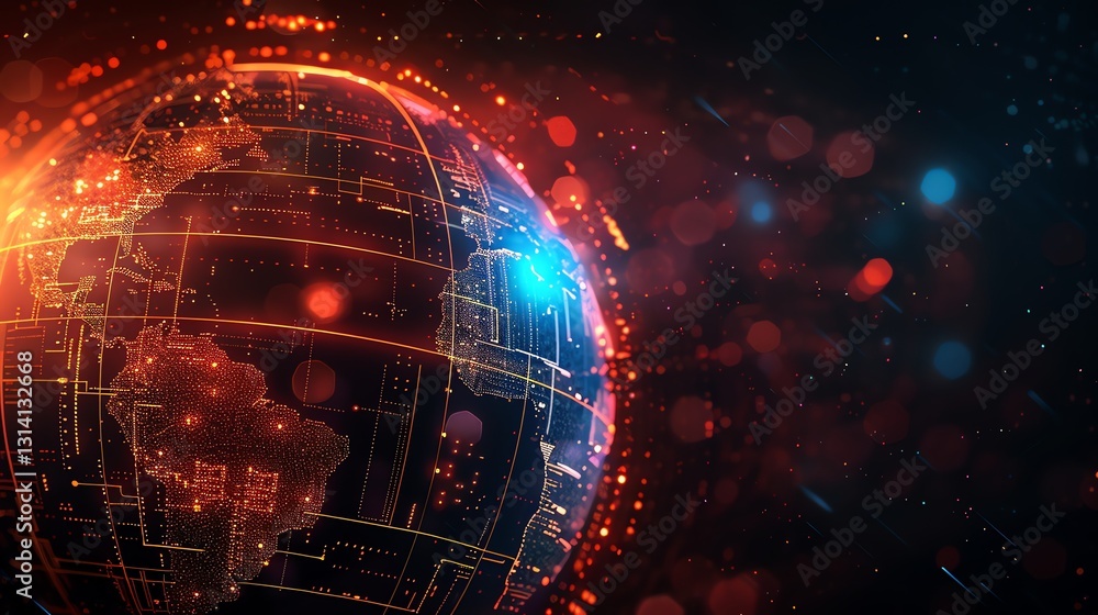 Obraz premium A digital, glowing representation of the Earth, with lines and dots forming continents.