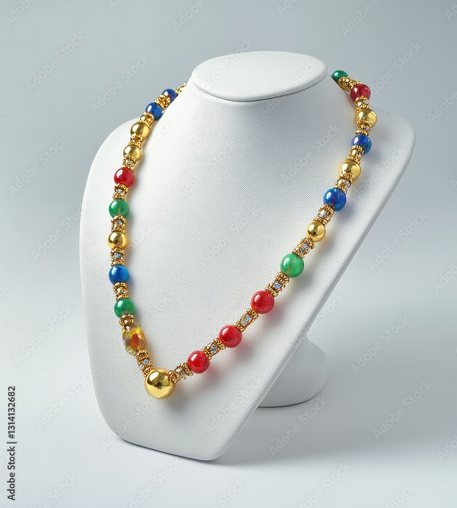 Elegant Gold Necklace with Colorful Gemstones Displayed on a Bust Elegant Gold Necklace with Colorful Gemstones Displayed on a Bust