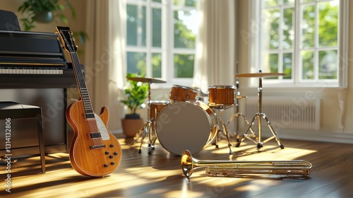Sunlit room with piano, guitar, drums, and trumpet.