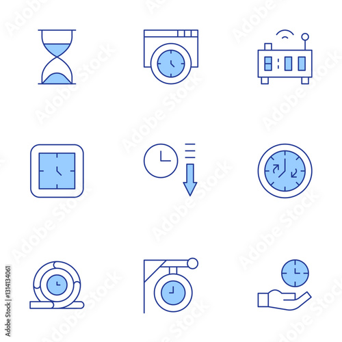 Clock icons set. Line Duotone style, editable stroke. time, agile, decrease, wall clock, clock, smart clock, schedule, hourglass