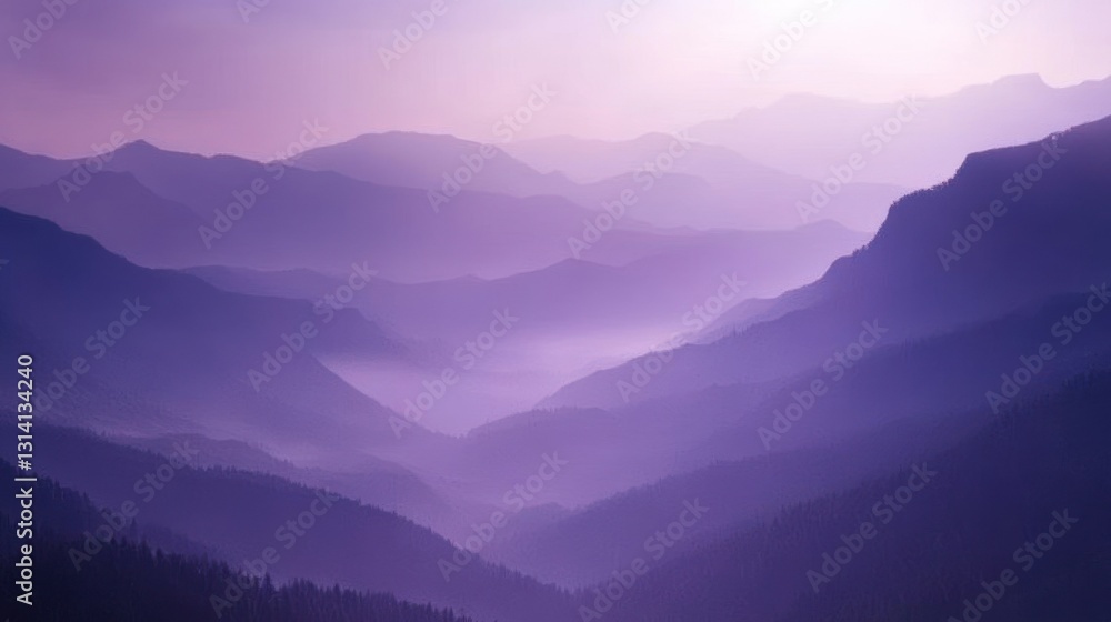 Fototapeta premium Majestic layered purple mountains and valley covered in soft mist
