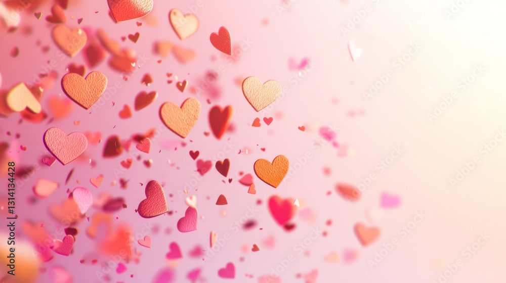Pink and orange hearts confetti falling on a bright background. Pink and orange hearts confetti falling on a bright background.