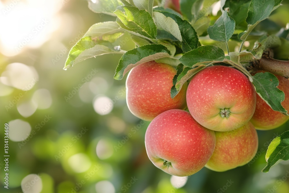 Obraz premium Close-up of red apples on tree branch. AI image