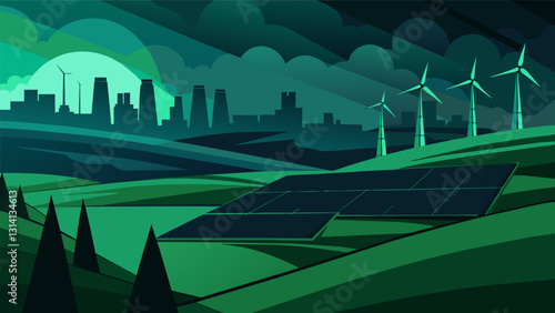 In a patch of shimmering green a solar farm stands in stark juxtaposition to the dark ominous silhouette of a nearby fossil fuel plant.. Vector illustration