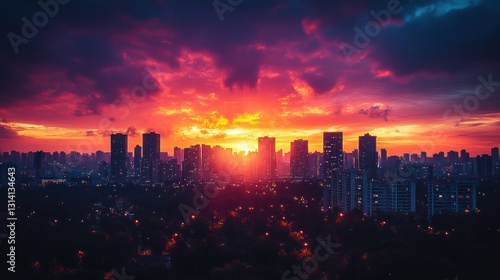 Sunset cityscape, dramatic clouds, city skyline, vibrant colors photo