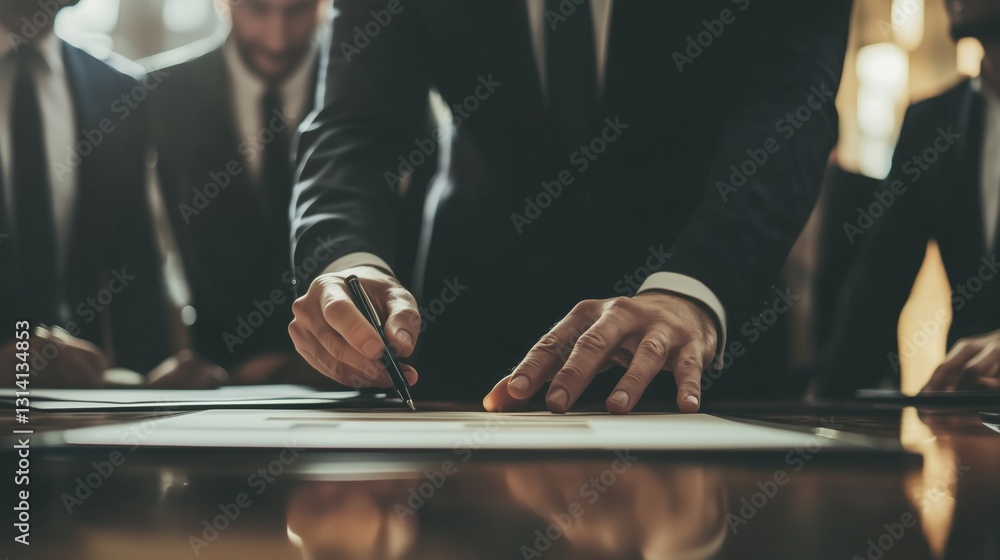 Business Professionals Signing Contract at Formal Meeting Table in Corporate Environment Business Professionals Signing Contract at Formal Meeting Table in Corporate Environment