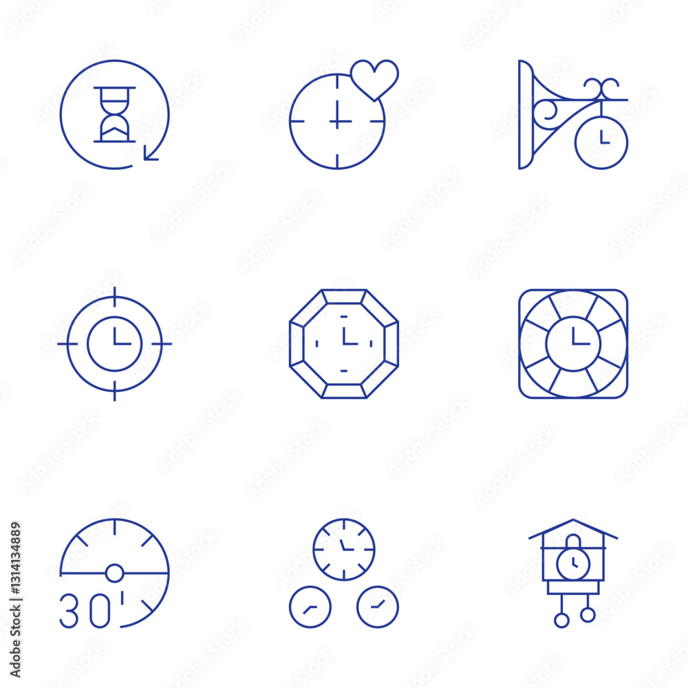 Clock icons set. Thin Line style, editable stroke. waiting, target, minutes, wall clock, clock Clock icons set. Thin Line style, editable stroke. waiting, target, minutes, wall clock, clock