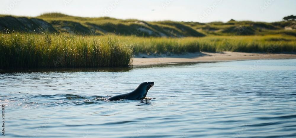 Fototapeta premium Seal swimming in calm water, coastal grass and dunes in background