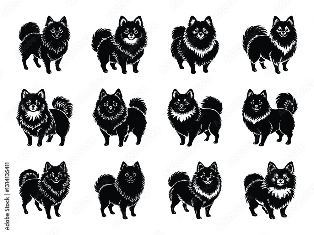 Obraz premium Set of cute Pomeranian puppy illustrations silhouette isolated on white background