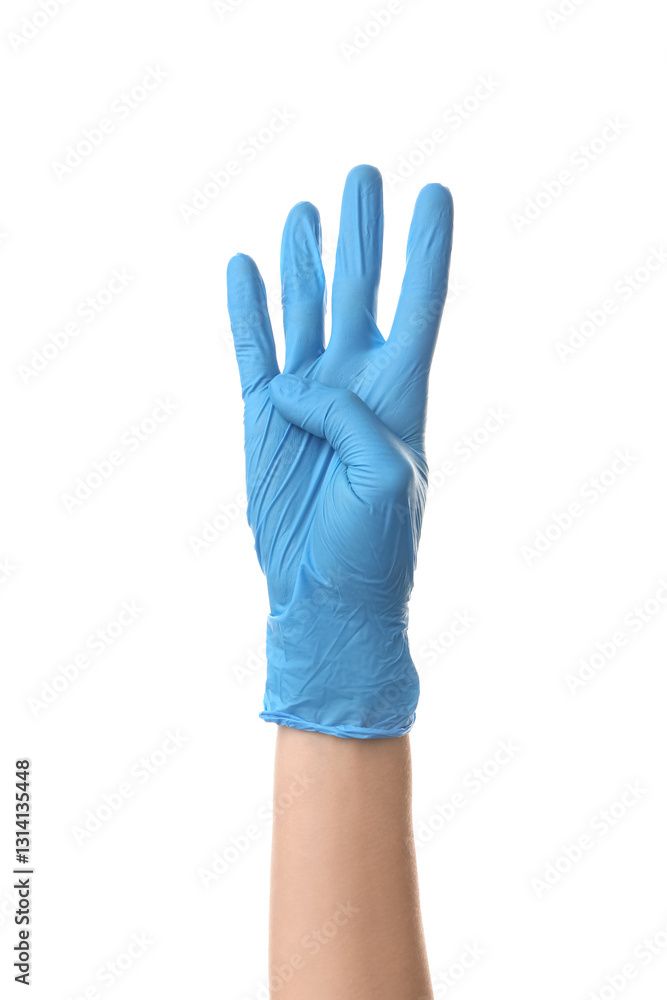 Female hand in medical glove showing four fingers on white background Female hand in medical glove showing four fingers on white background