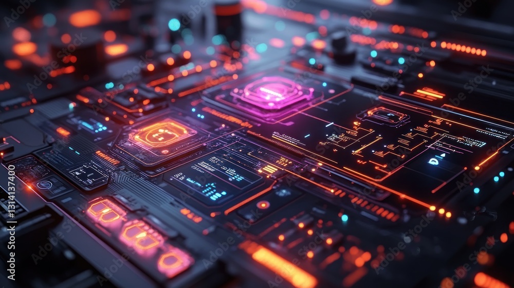 Futuristic circuit board, close-up, glowing, complex background. Use Technology, innovation Futuristic circuit board, close-up, glowing, complex background. Use Technology, innovation