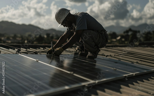 Worker Installing Solar Panels on a Rooftop