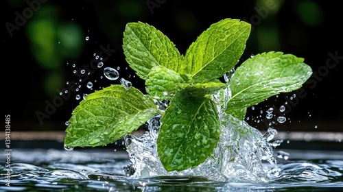 Mint leaves in mid-air, surrounded by sparkling water droplets, creating a fresh and invigorating effect