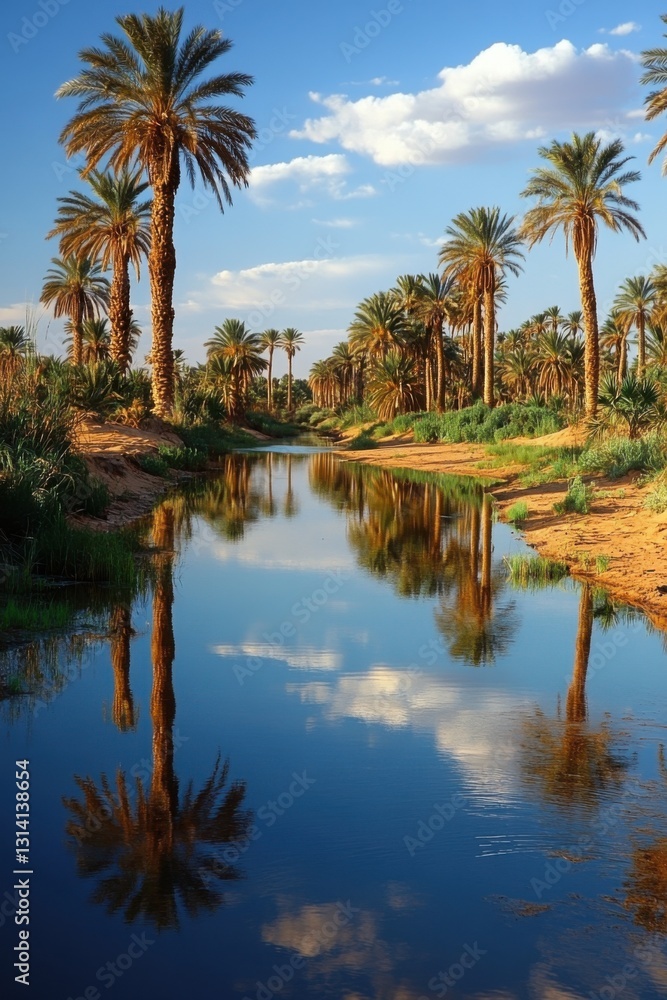 Palm trees reflect in water. Tranquil scene showing trees and blue sky with clouds. Peaceful landscape with plants. Nature reflected in water. Palm trees reflect in water. Tranquil scene showing trees and blue sky with clouds. Peaceful landscape with plants. Nature reflected in water.