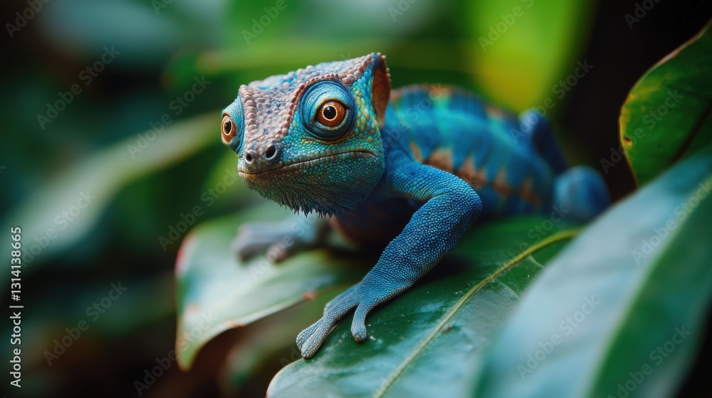 Obraz premium Cute blue lizard on green leaves. Animal looking. Small reptile on plant. Close up portrait of exotic creature. Wild nature background.