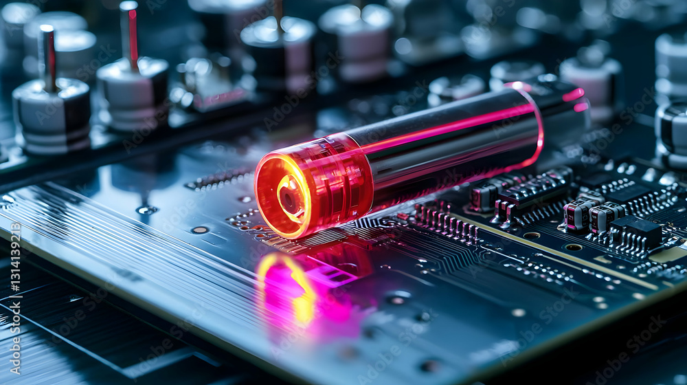 Close Up of a Glowing Red and Pink Cylindrical Component On a Dark Blue Circuit Board With Intricate Connections and Reflections in Soft Focus Close Up of a Glowing Red and Pink Cylindrical Component On a Dark Blue Circuit Board With Intricate Connections and Reflections in Soft Focus