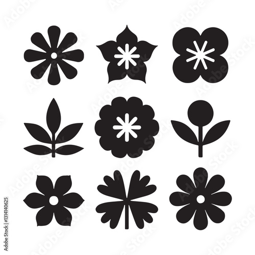 Collection of stylized black and white floral designs
