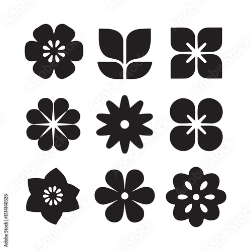 Collection of stylized black and white floral designs
