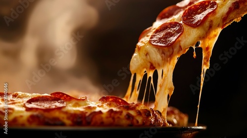 Delicious Pepperoni Pizza Slice Pulled Away with Dripping Melting Cheese in a Dark and Steamy Setting