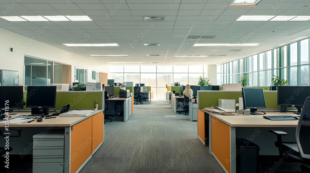 Bright Modern Office Interior With Empty Desks Computers And City View Through Large Windows In Contemporary Workspace Bright Modern Office Interior With Empty Desks Computers And City View Through Large Windows In Contemporary Workspace