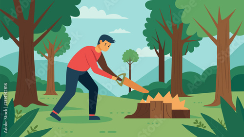 In a secluded clearing a man uses a primitive handoperated saw to down a tree trunk for his traditional charcoal making process.. Vector illustration