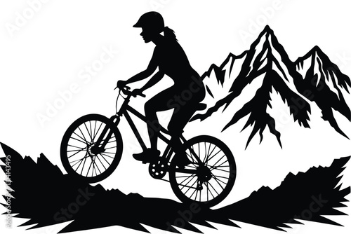 Mountain female biker ride the mountain with stunting vector silhouette