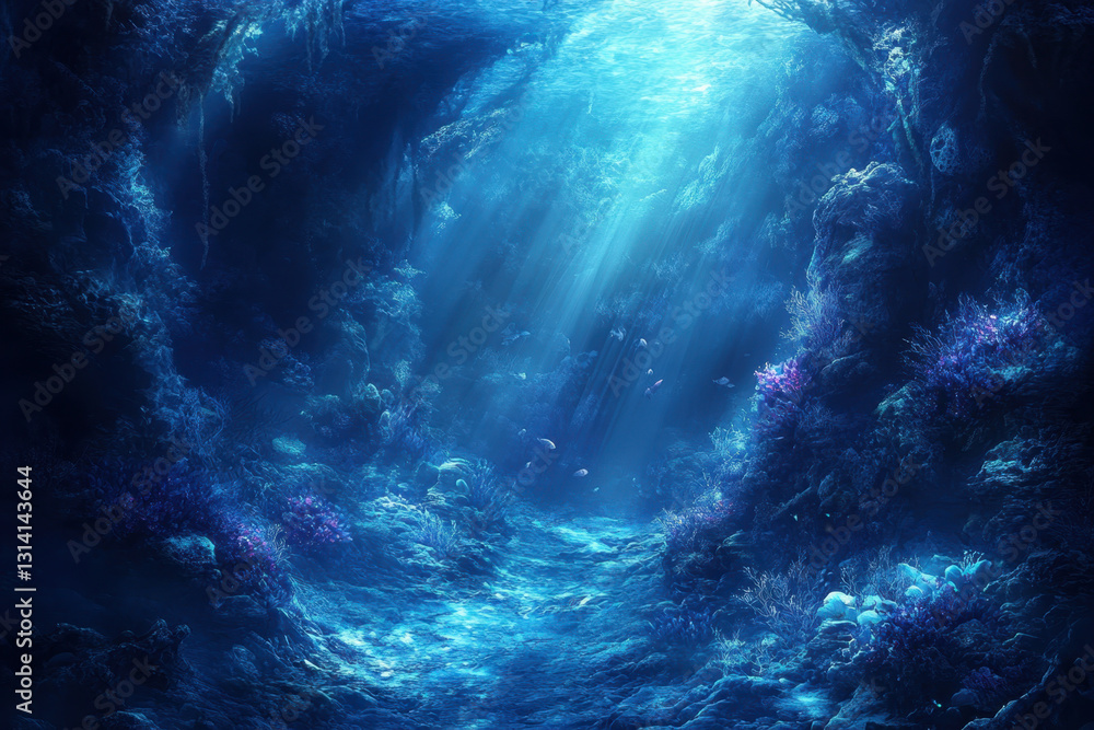 Obraz premium Dark blue cave illuminated by light from above, creating a mystical and enchanting atmosphere.