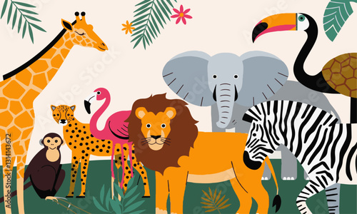 Modern vector-style illustration of various jungle animals in a realistic yet artistic way, easily editable.