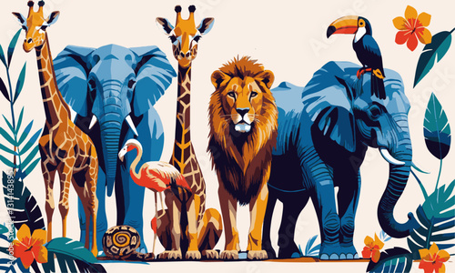 Modern vector-style illustration of various jungle animals in a realistic yet artistic way, easily editable.