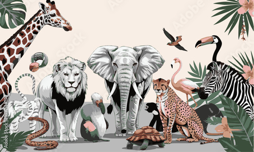 Modern vector-style illustration of various jungle animals in a realistic yet artistic way, easily editable.