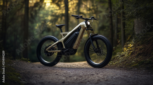 Futuristic electric mountain bike parked on a forest trail