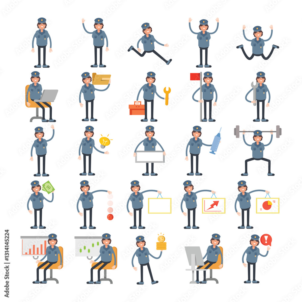 woman police characters in different poses illustration set woman police characters in different poses illustration set