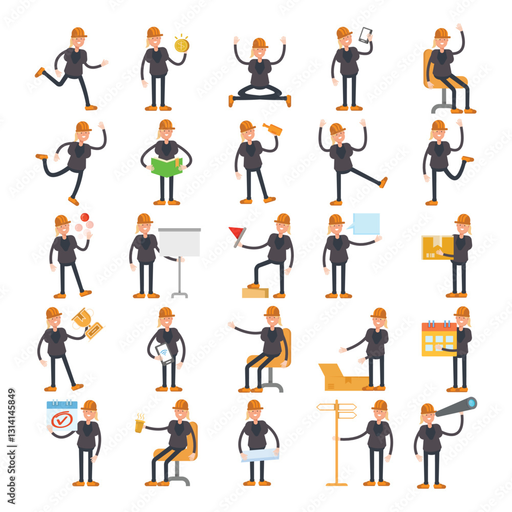 woman engineer characters in different poses illustration set woman engineer characters in different poses illustration set