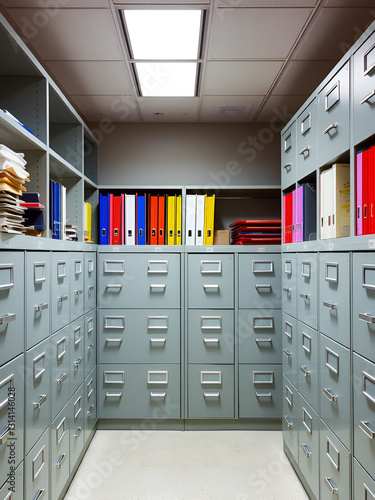 A straight line of metal filing cabinets neatly organized in a room, providing storage for documents and files