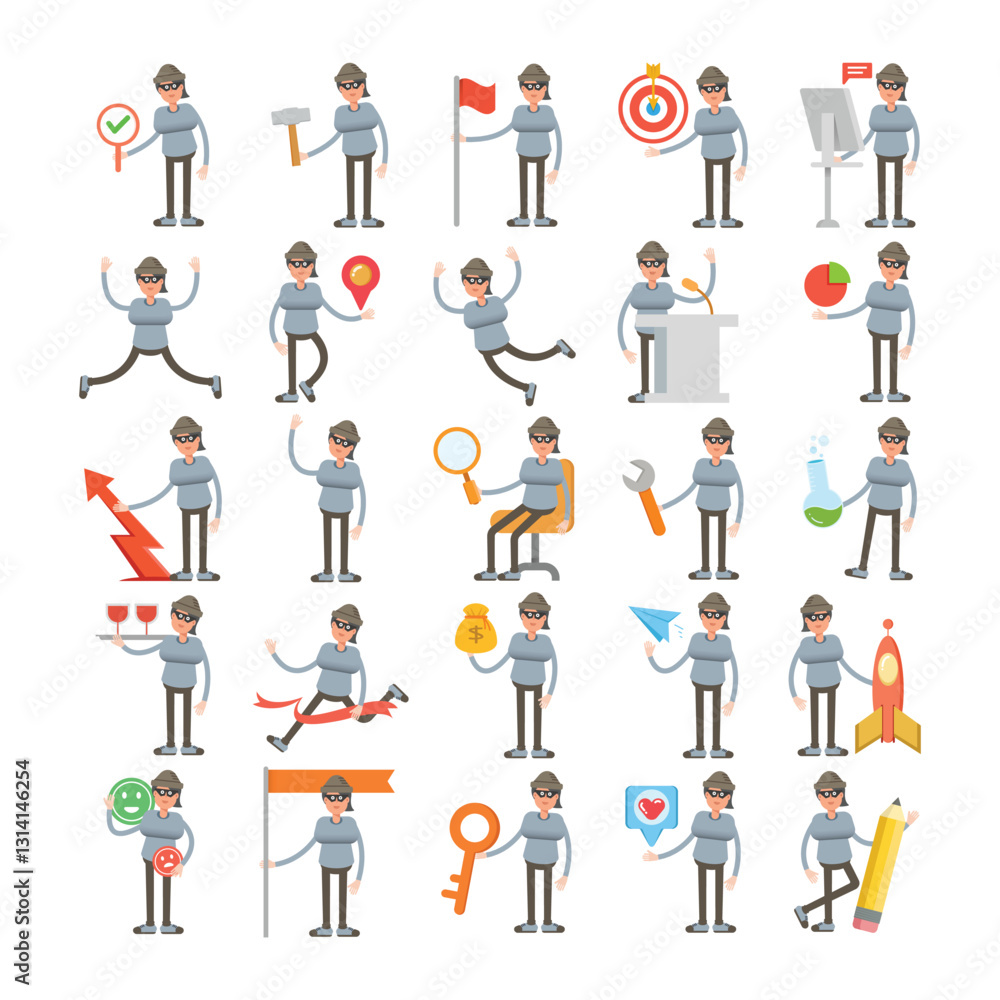 woman thief characters in different poses illustration set woman thief characters in different poses illustration set