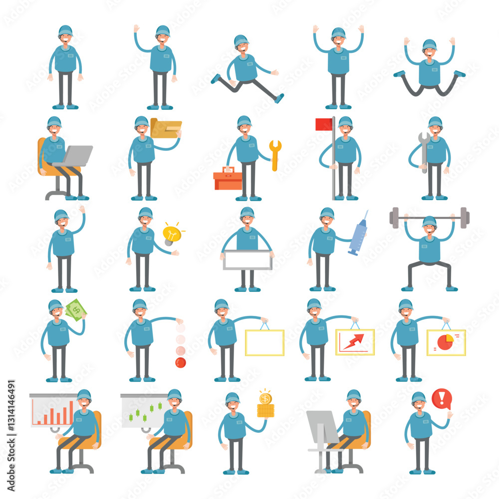 male staff with headset characters in different poses illustration set male staff with headset characters in different poses illustration set