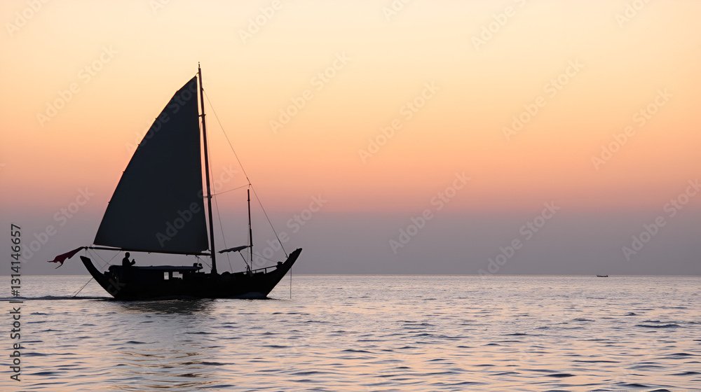 Fototapeta premium The dhow boat sails serenely on still waters at dusk, enhancing the tranquil mood