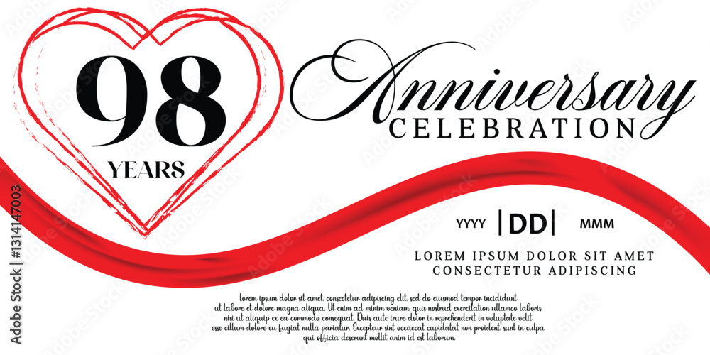 Vector 98th anniversary celebration logo lovely red ribbon abstract vector on white background design template illustration. Vector 98th anniversary celebration logo lovely red ribbon abstract vector on white background design template illustration.