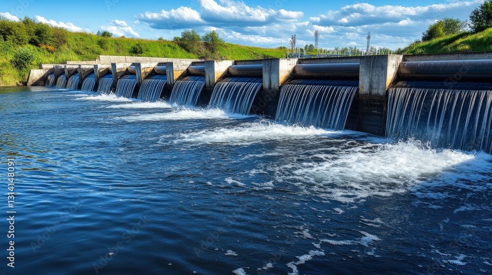Serene river dam with cascading water, lush green hills, and a vibrant blue sky in the background Serene river dam with cascading water, lush green hills, and a vibrant blue sky in the background