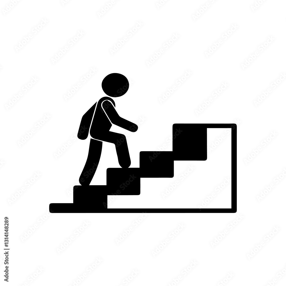Progress and Growth, Stick Figure Climbing Stairs Icon Progress and Growth, Stick Figure Climbing Stairs Icon