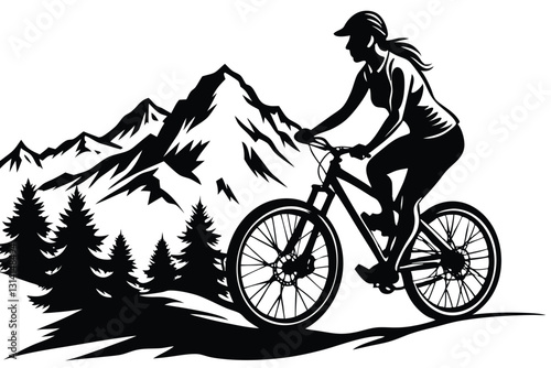 A vector silhouette of an adult woman mountain biking in a mountain setting
