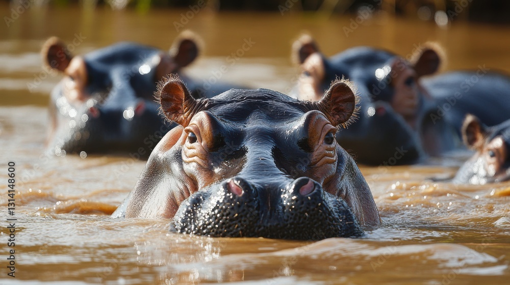 Fototapeta premium Hippos in water. Group of hippopotamus swim. Big animals. Wildlife. African fauna. Mammals in river. Hippo face close up. Nature scene.