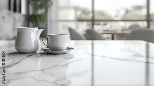 A coffee cup and creamer sit on a marble table